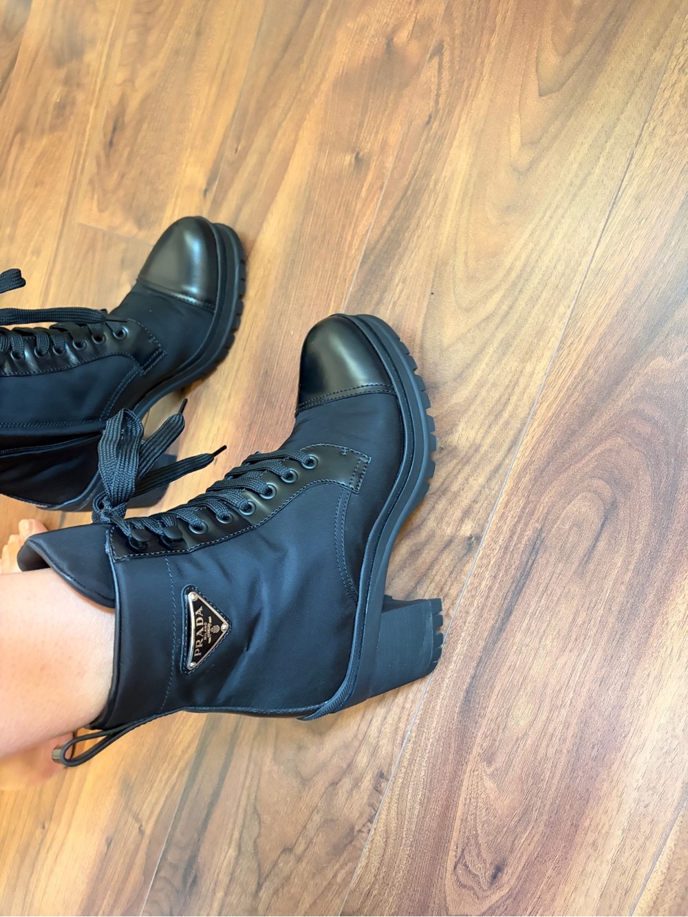 Prada Black Lace-Up Heel Boots with Logo Plaque